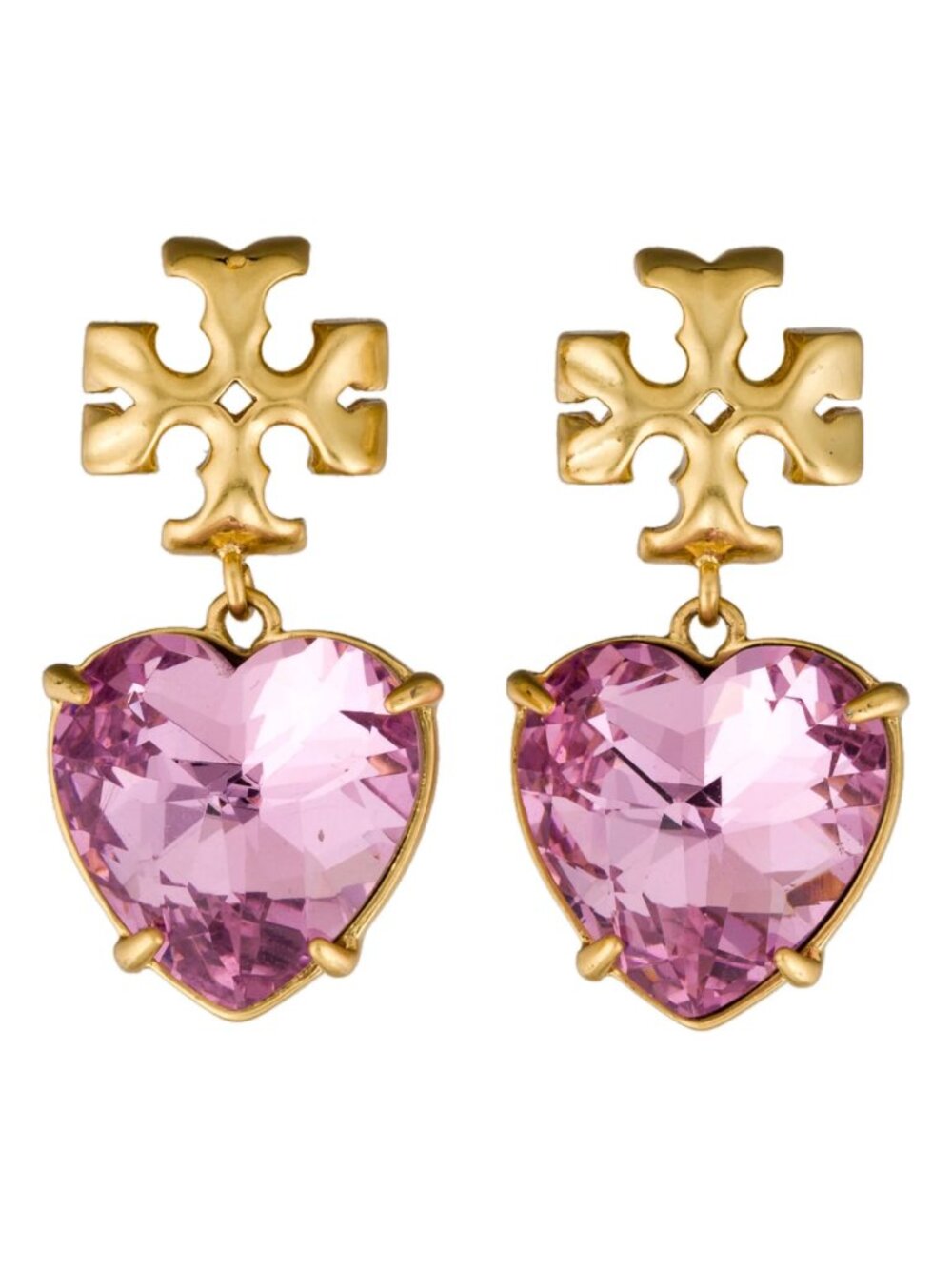 Tory Burch Pink Crystal Heart Drop Earrings Gold Tone Logo Statement Earrings